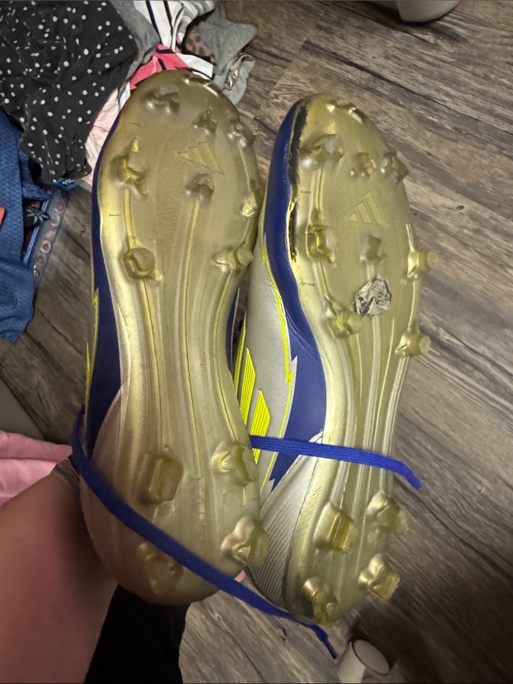 adidas Messi Silver and Blue Kids Soccer Cleats with Yellow Accents - Picture 2 of 3